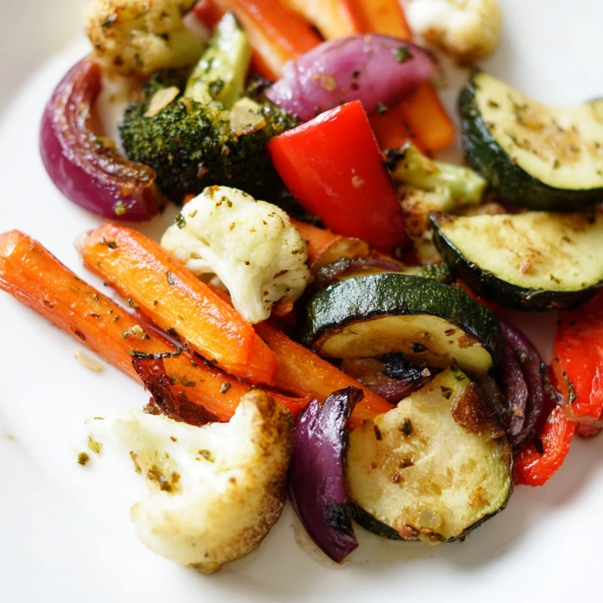 Assiette colorée de carottes, poivrons et brocolis rôtis au four, à servir tiède pour accompagner un plat principal riche en saveurs.