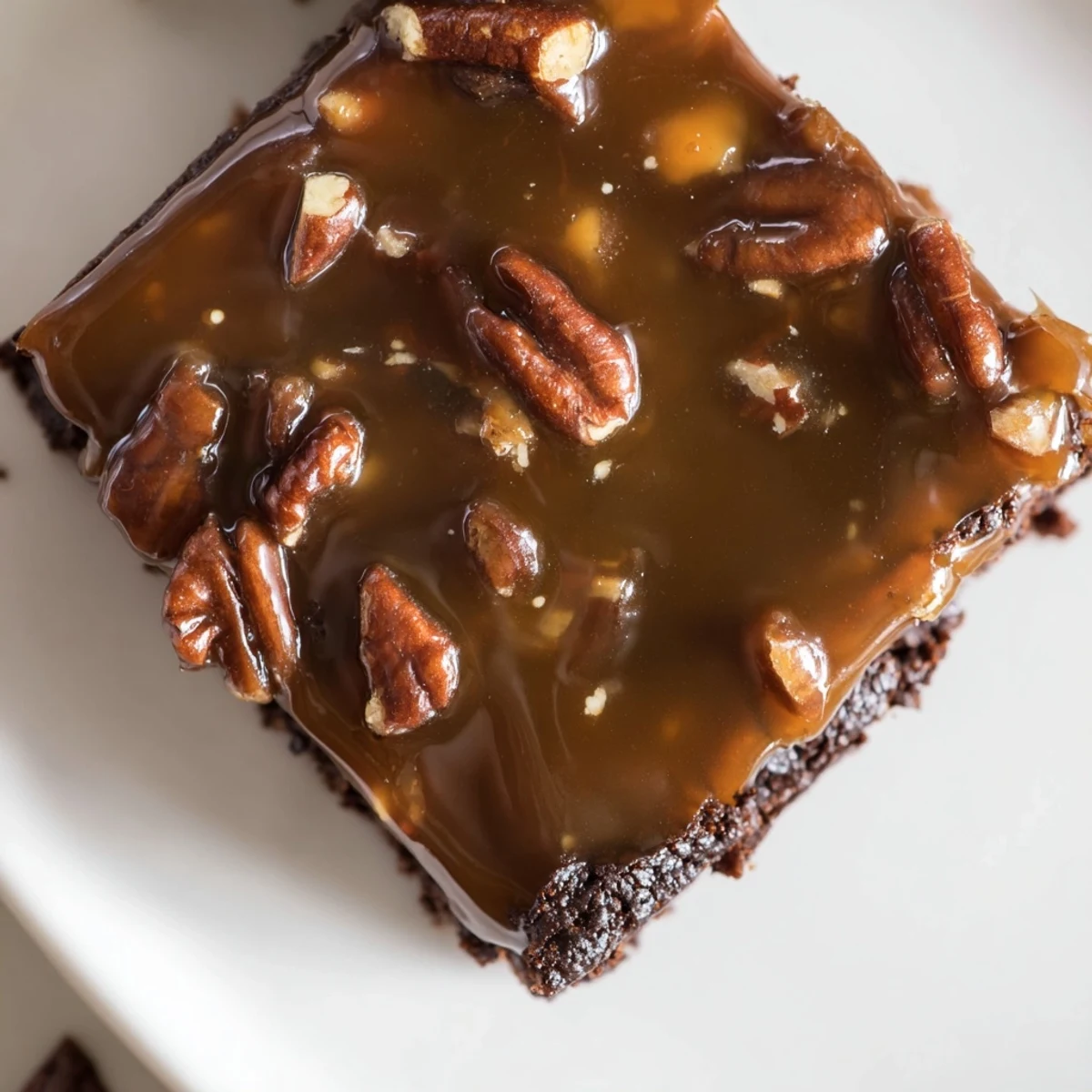 Brownies de la Nouvelle-Orléans découpés en carrés, révélant une texture moelleuse et un glaçage au praline craquant aux noix de pécan.  