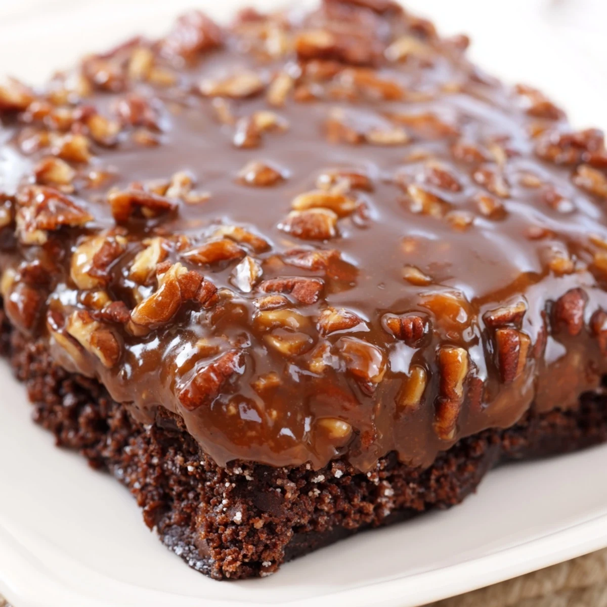 Une assiette de brownies de la Nouvelle-Orléans garnie de noix de pécan grillées, avec une cuillère de glaçage praline encore tiède à côté.  