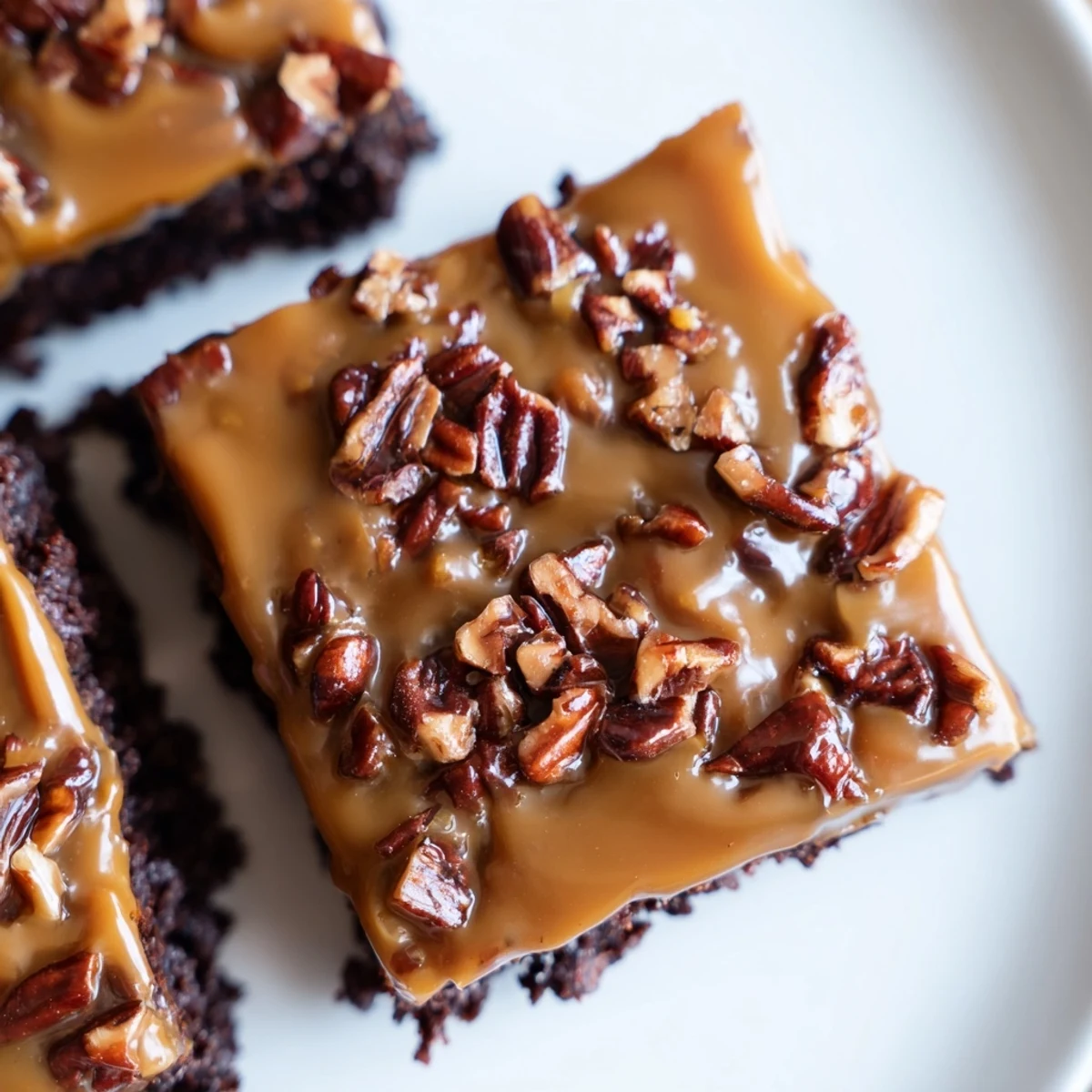 Vue en gros plan sur les brownies de la Nouvelle-Orléans, leur surface brillante et la texture caramélisée du praline aux noix de pécan.