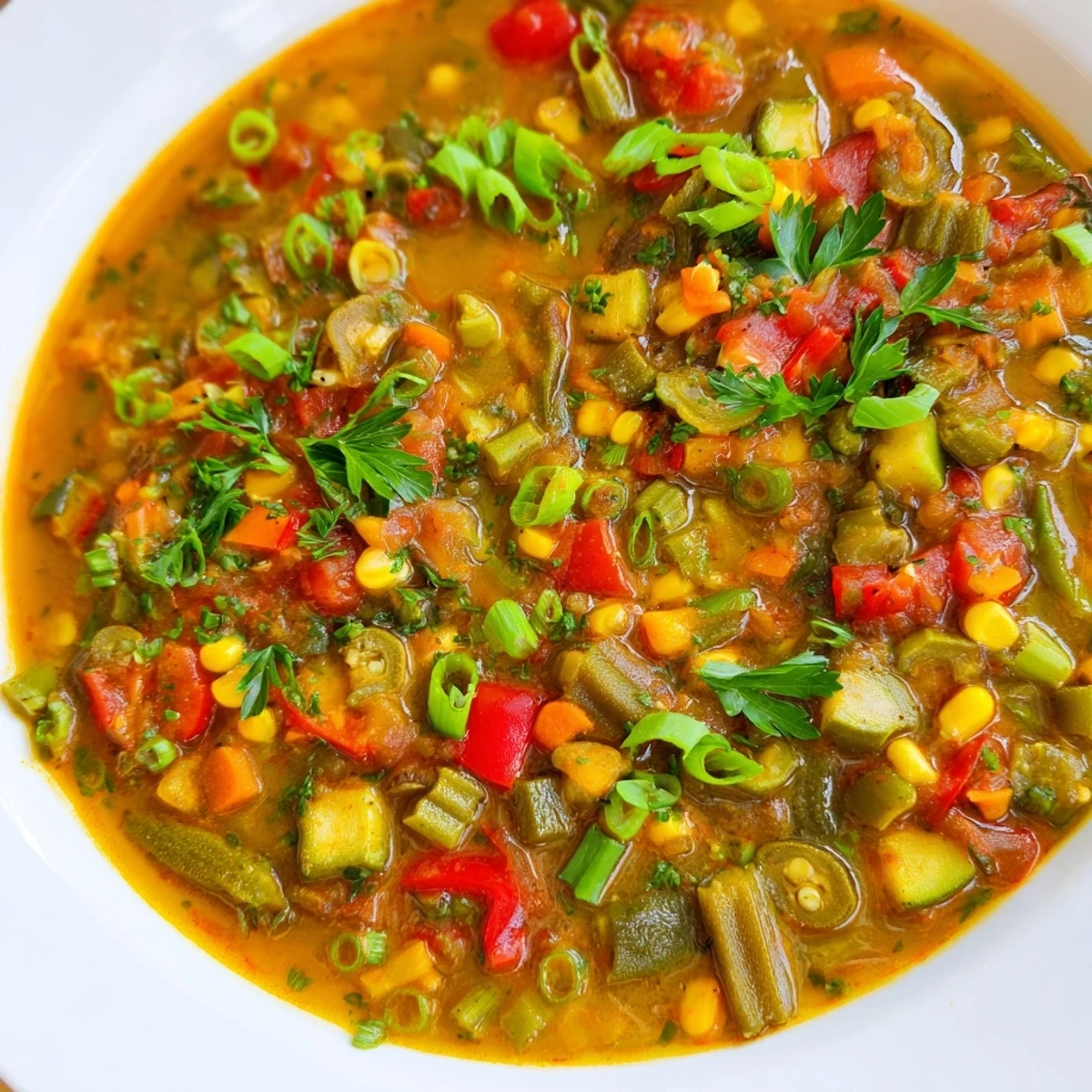 Cette photo montre un Creole Vegetable Gumbo riche et épicé, avec des haricots rouges et du maïs dans un bouillon sombre, accompagné de riz blanc.