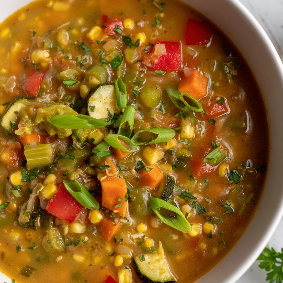 Un bol de Creole Vegetable Gumbo garni de riz cuit et de fines tranches de pain grillé pour tremper dans la sauce épicée.