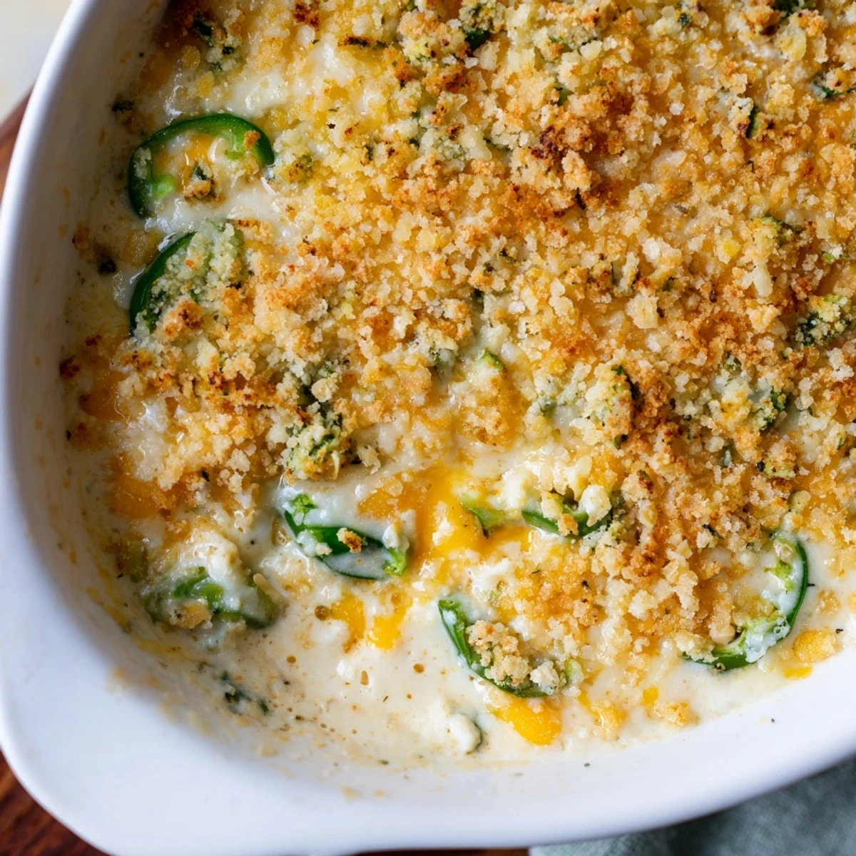 Un bol de Super Bowl Jalapeño Popper Dip gratiné et doré, garni de croûtons panko et de tranches de jalapeño, parfait pour une soirée match.