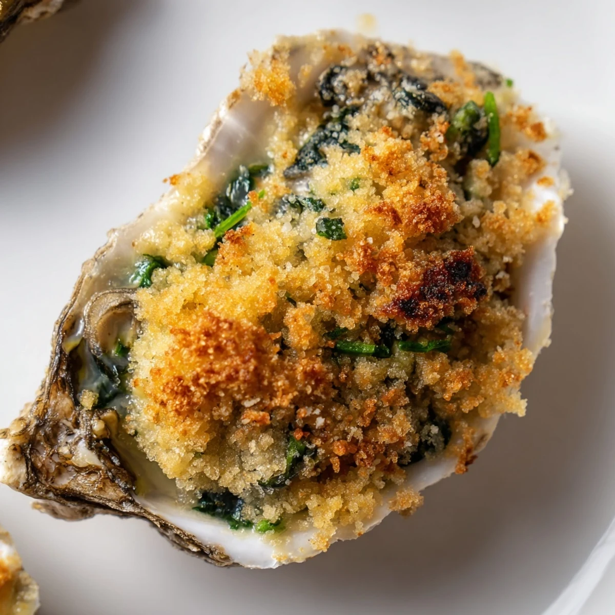 Golden-baked Romantic Oysters Rockefeller bubbling with spinach and Parmesan, served on a tray.