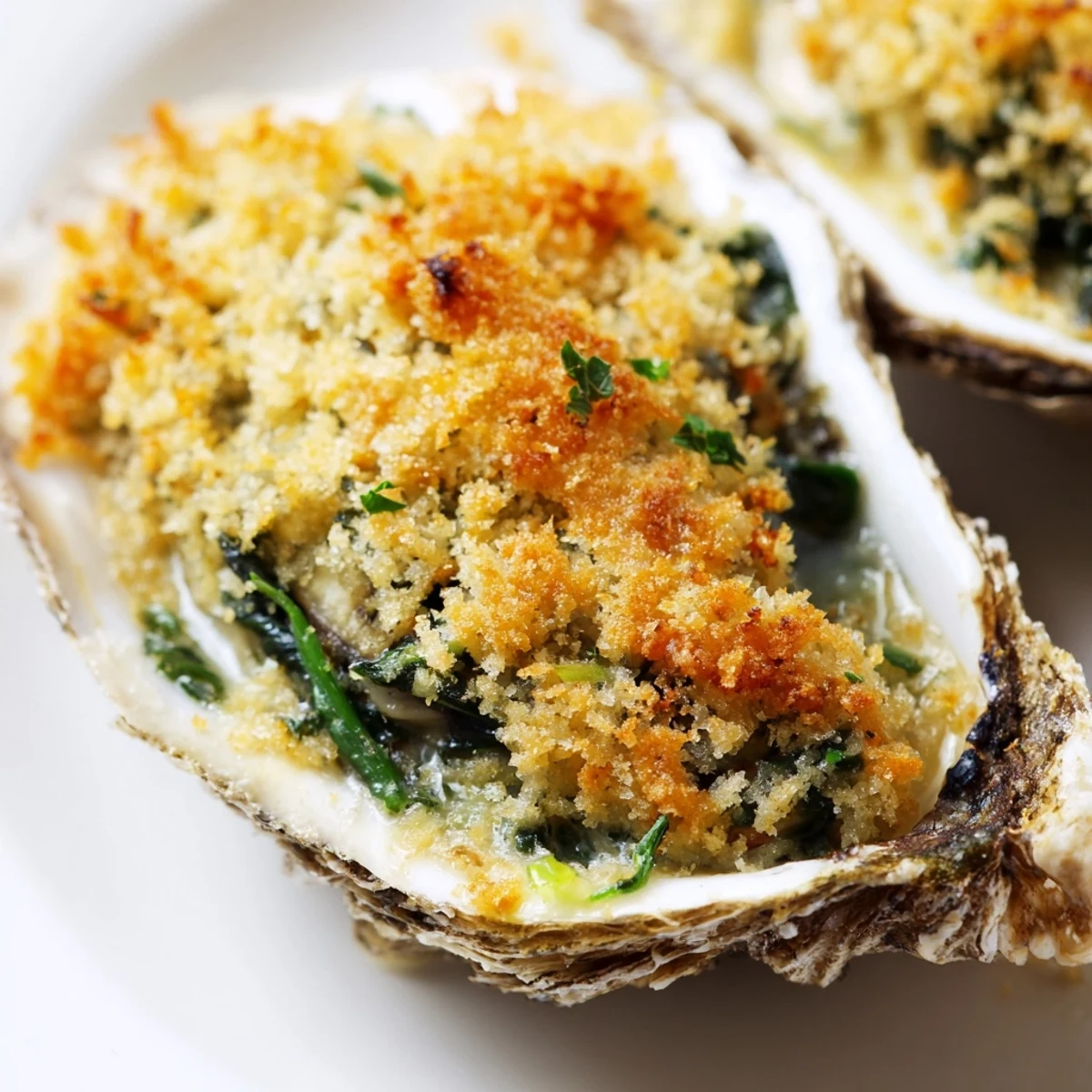 Twelve fresh Romantic Oysters Rockefeller with herb topping and lemon wedges ready for dinner.