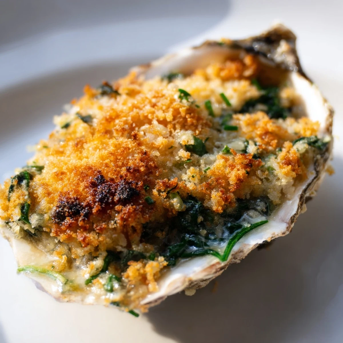 Decadent Romantic Oysters Rockefeller baked in shell, golden crumbs, paired with chilled white wine.