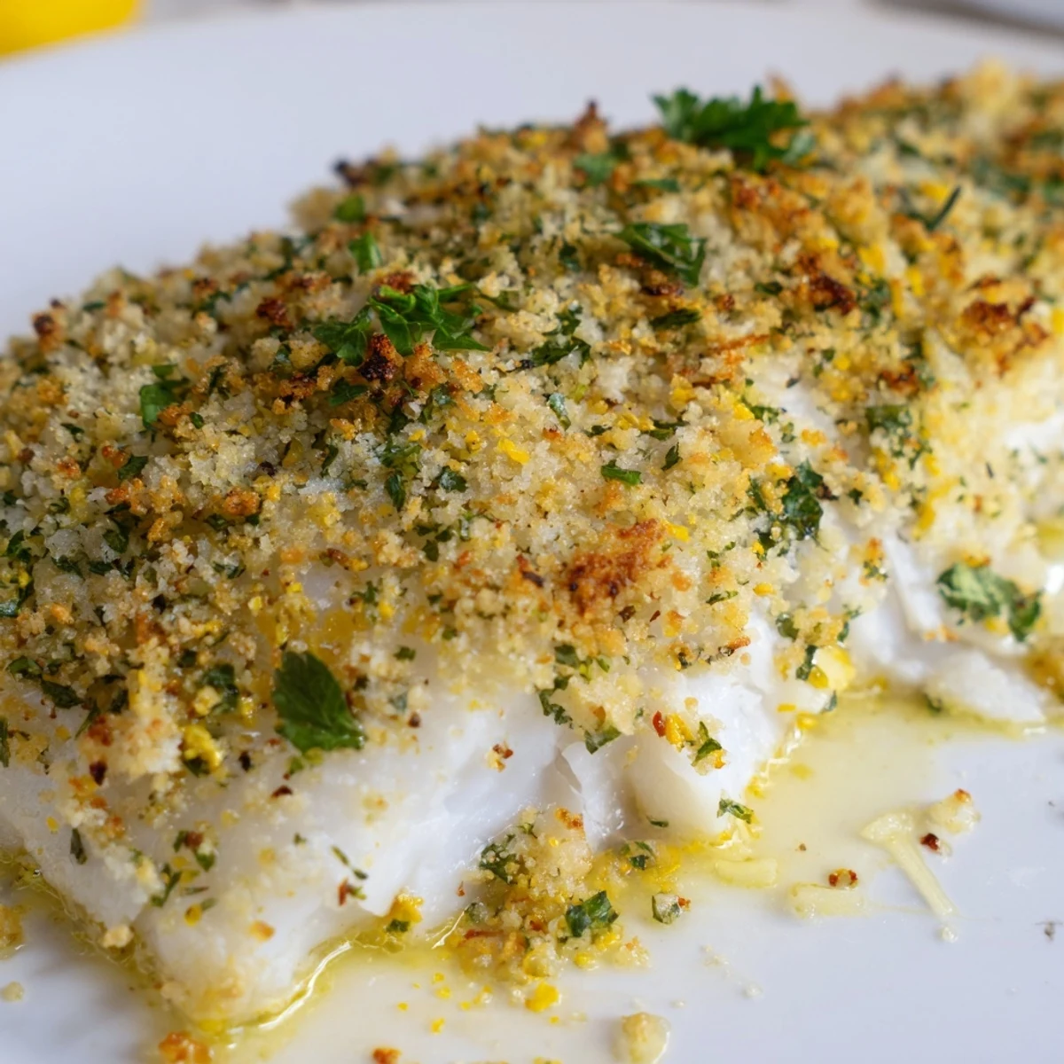 Merlan cuit au four sur un lit de chapelure parfumée au citron, parfait pour un dîner sain et rapide.