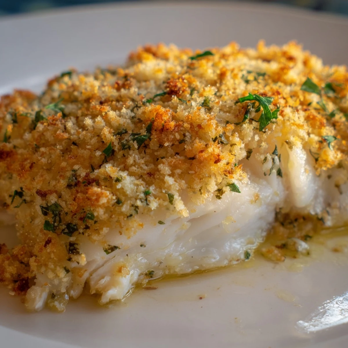 Une assiette de merlan cuit au four, accompagnée de citrons frais et de persil haché pour une touche savoureuse.