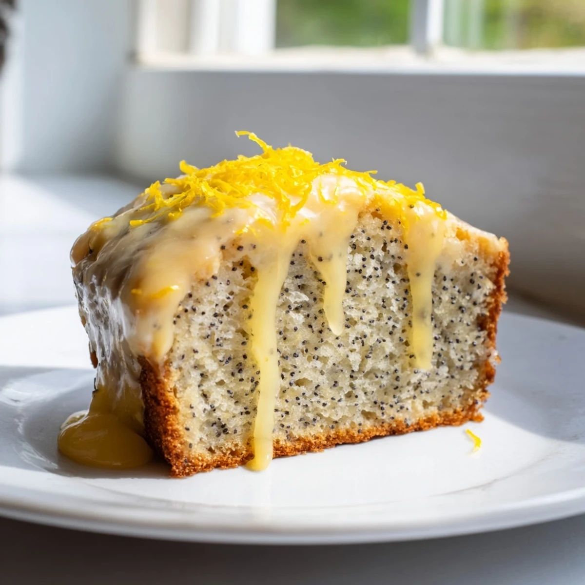 Un loaf au citron et pavot glaçonné, doré et parfumé, coupé en tranches pour le goûter.  