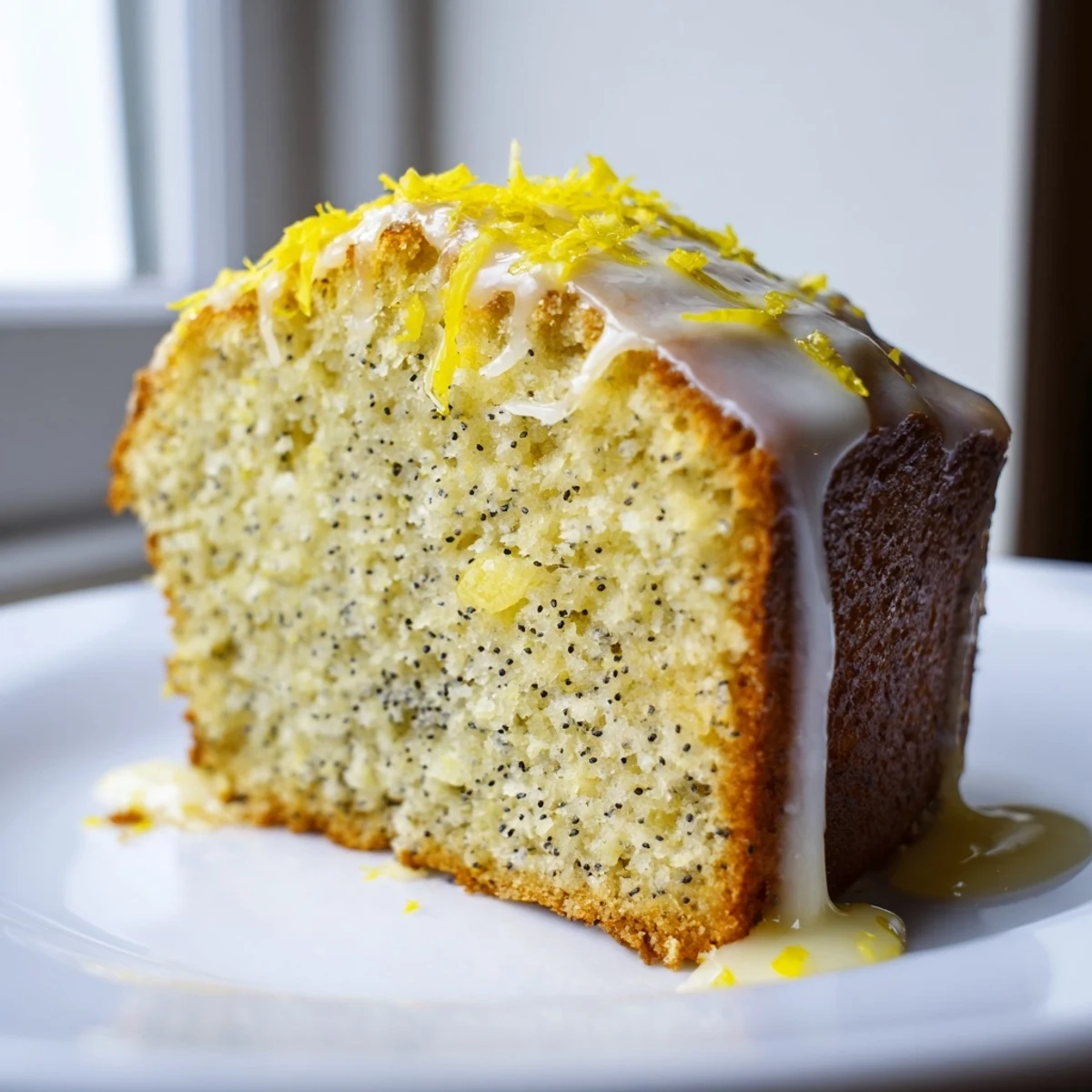 Tranches de Lemon Poppy Seed Loaf avec glaçage au citron, déposées sur une nappe rustique.  