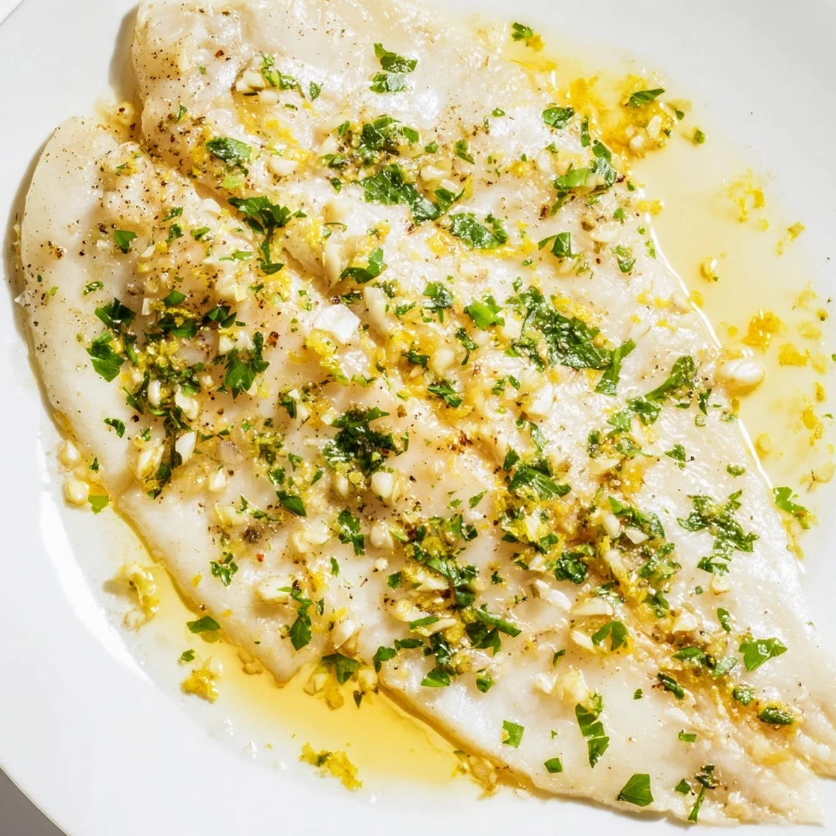 Un plat familial de Baked Tilapia with Lemon Garlic Butter, cuit à point et paré de fines tranches de citron sur un plat en céramique.