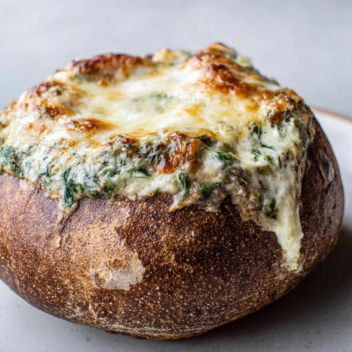 Creamy spinach dip in a fresh sourdough bread bowl, baked until golden and bubbling for game day snacking.