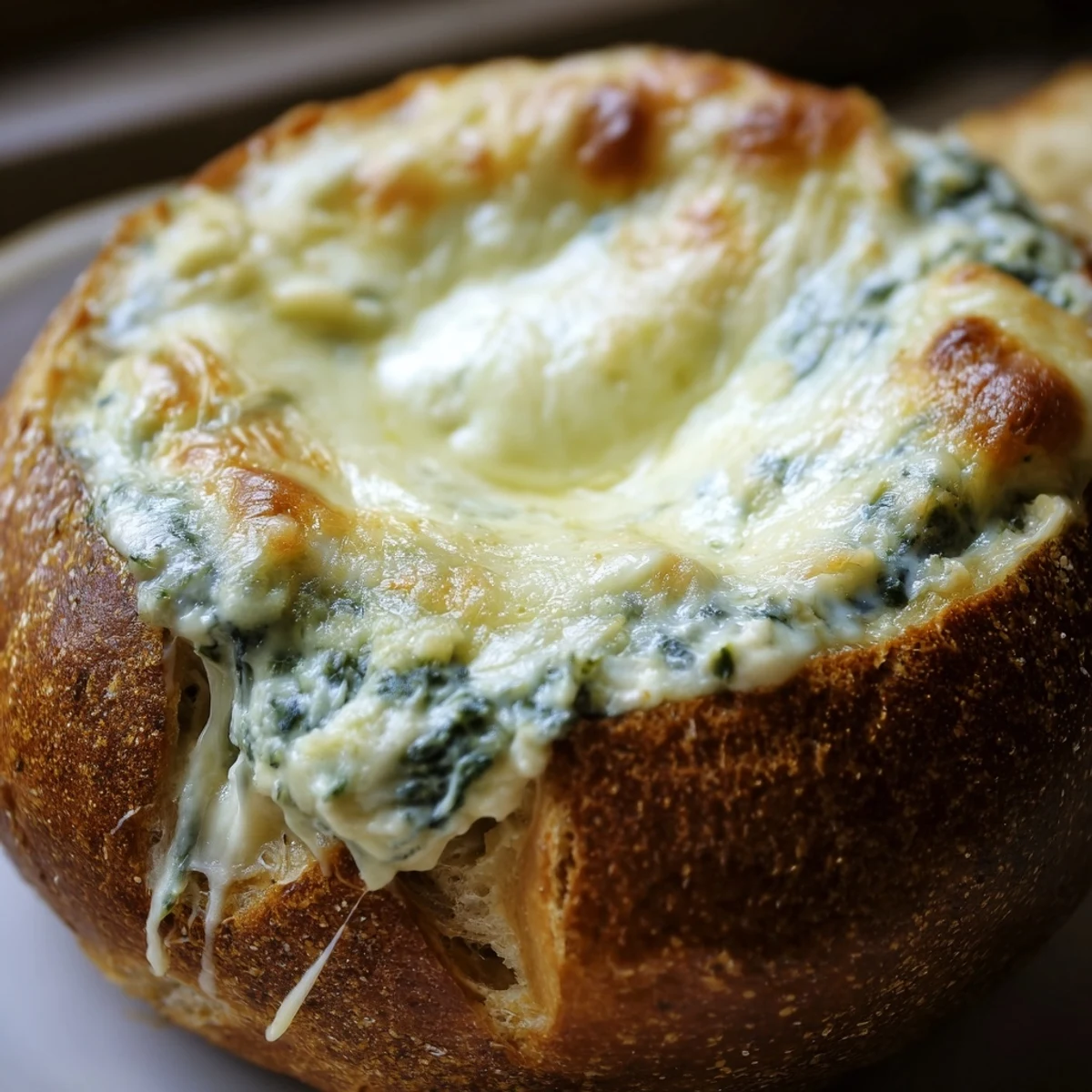 Warm Super Bowl Spinach Dip in a Bread Bowl, surrounded by crunchy veggies and bread cubes for dipping.