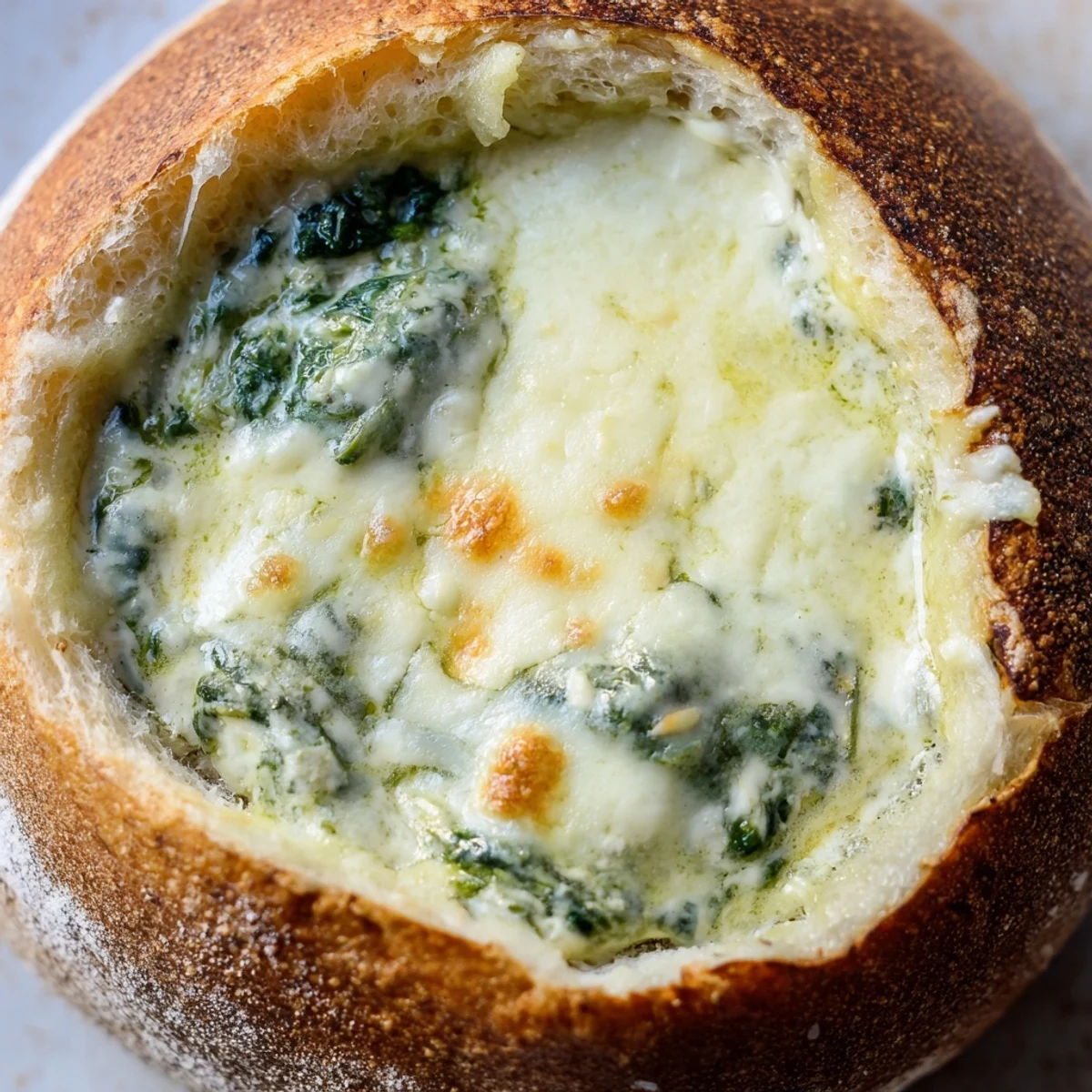 Homemade Super Bowl Spinach Dip in a Bread Bowl served from a hollowed sourdough round, ideal for sharing.