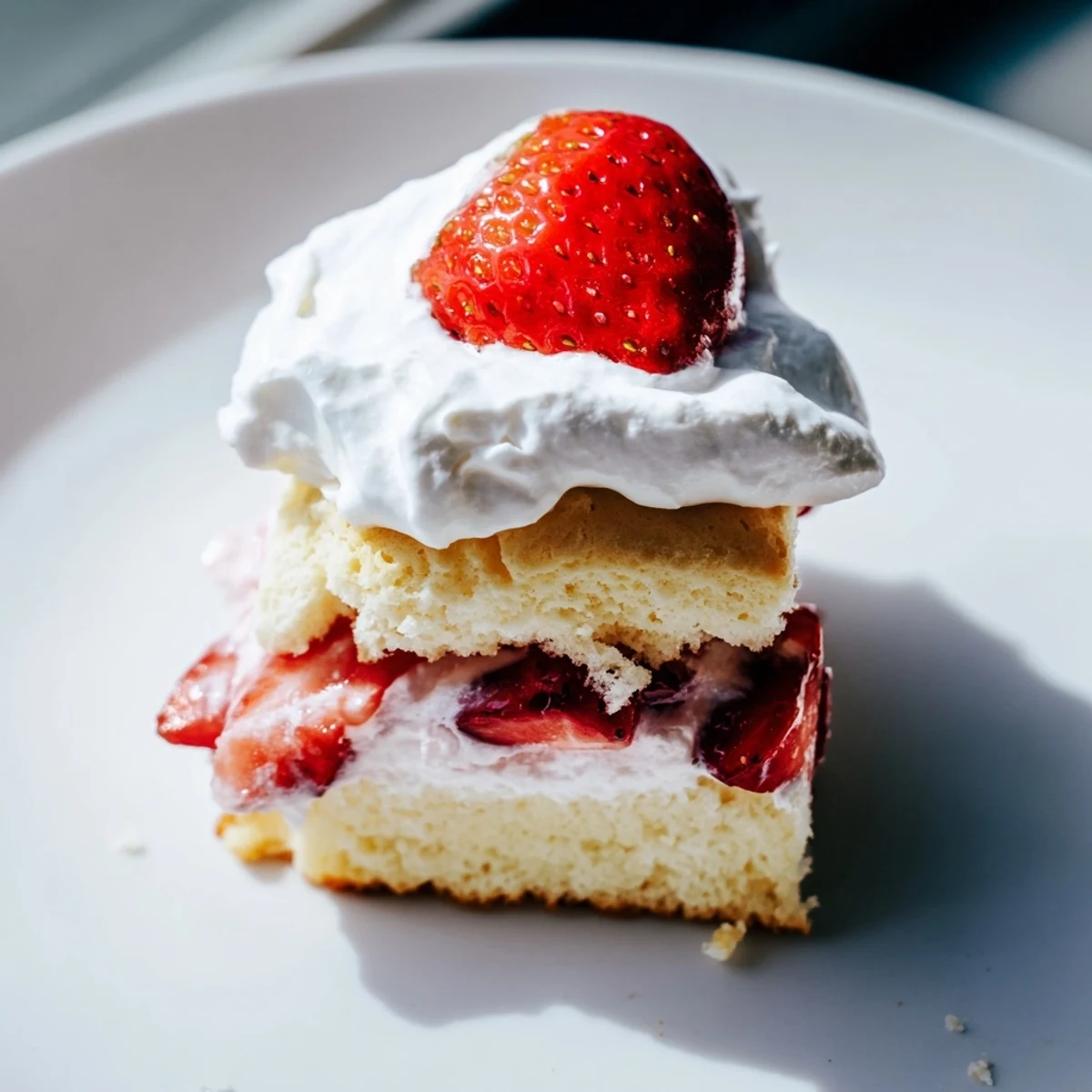 Heart-shaped Valentine Strawberry Shortcake with whipped cream and fresh strawberries layered on a rustic plate.