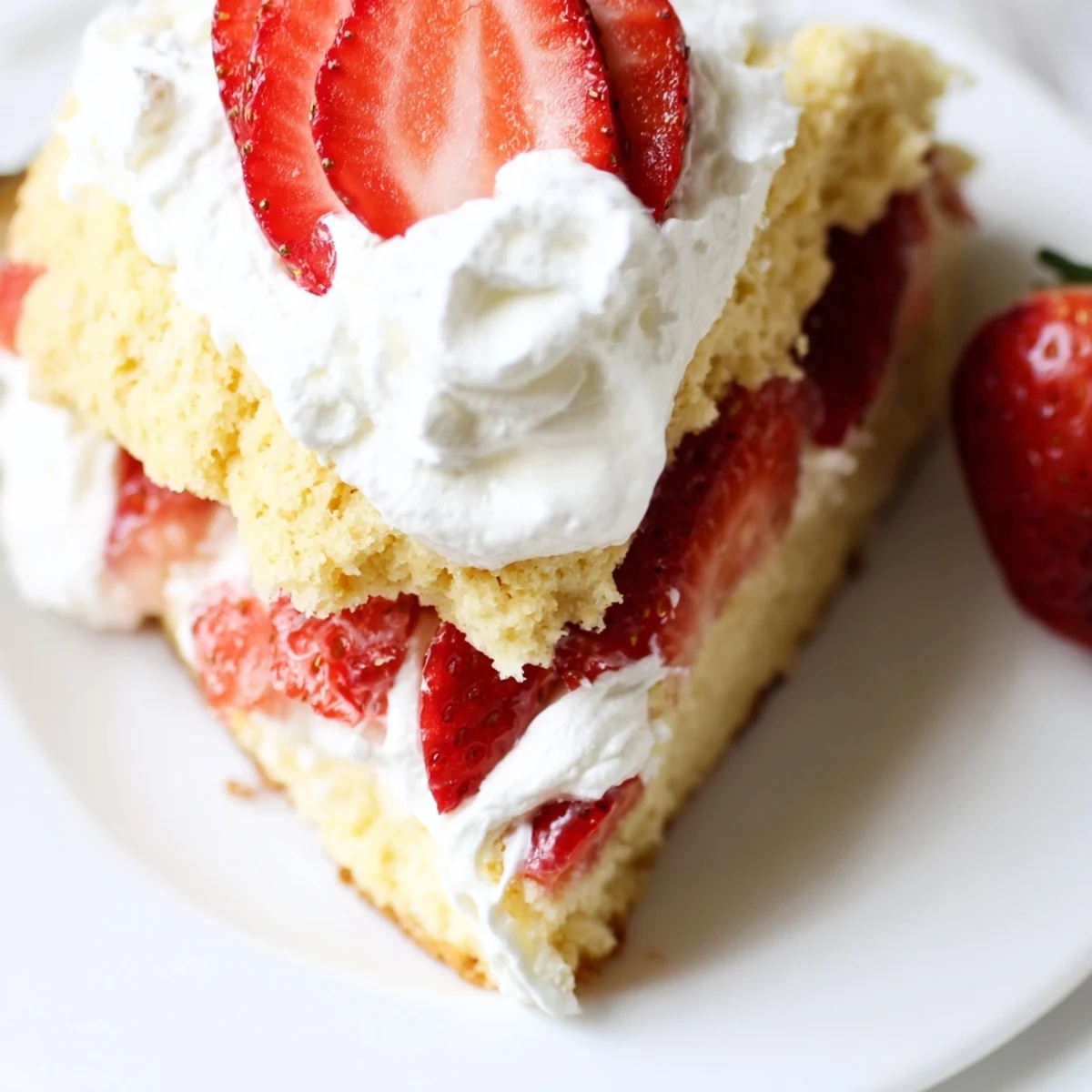 Freshly baked Valentine Strawberry Shortcake with Cream served on a white plate with mint garnish.