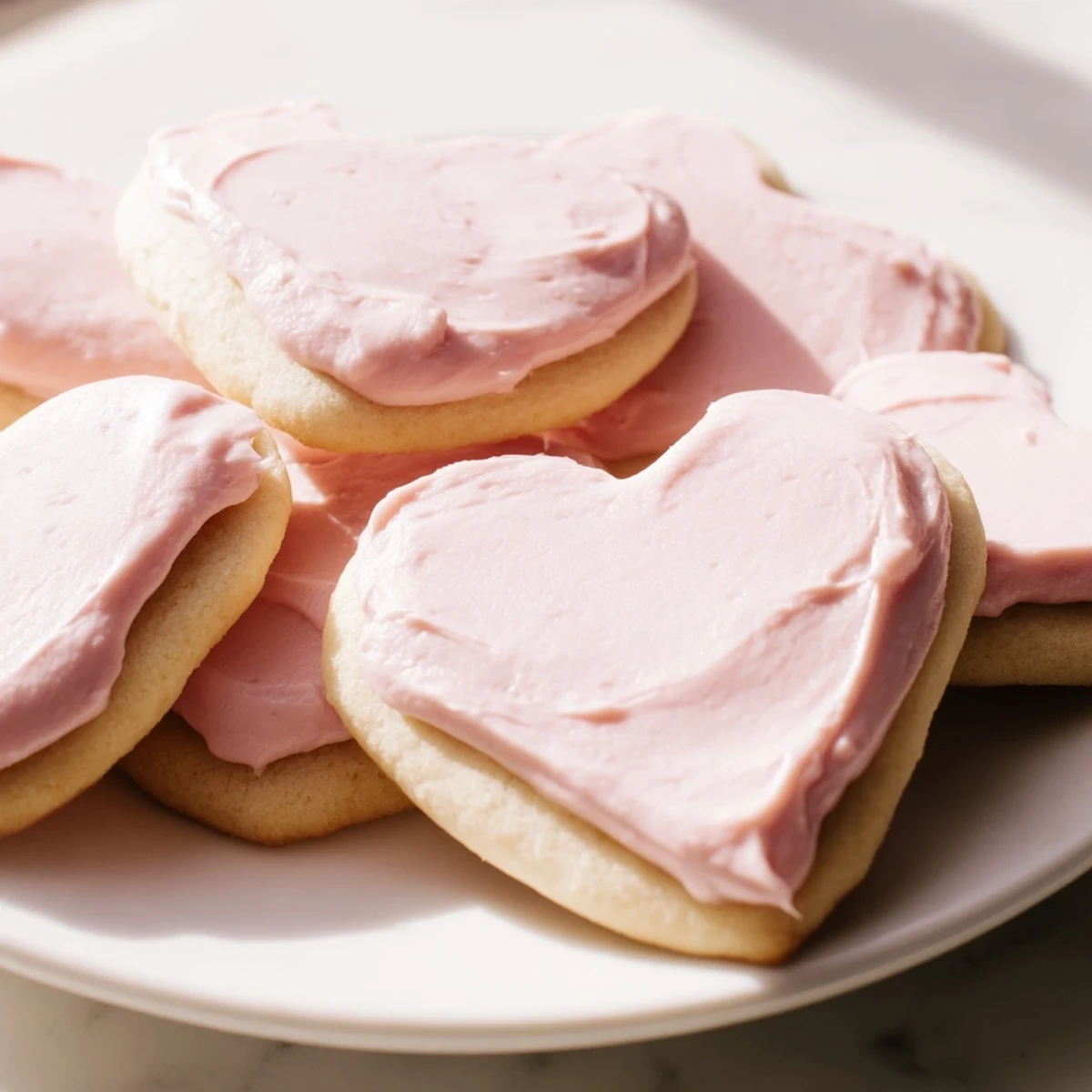 Heart cookies with pink frosting displayed on a wire rack, perfect for Valentine’s Day tea parties.