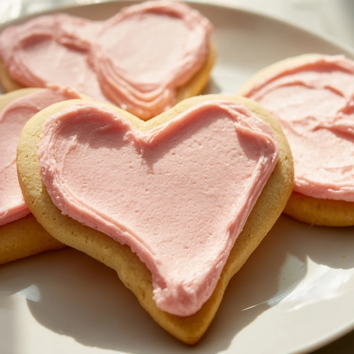 Baked heart cookies with soft pink frosting, ready to serve with coffee or milk.