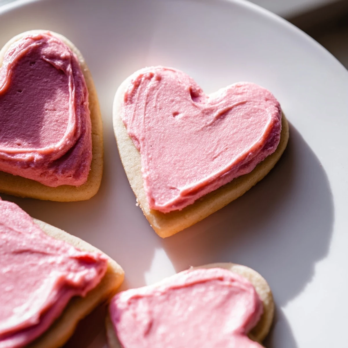 Freshly frosted heart cookies with pink icing, arranged on a white plate for a sweet celebration.