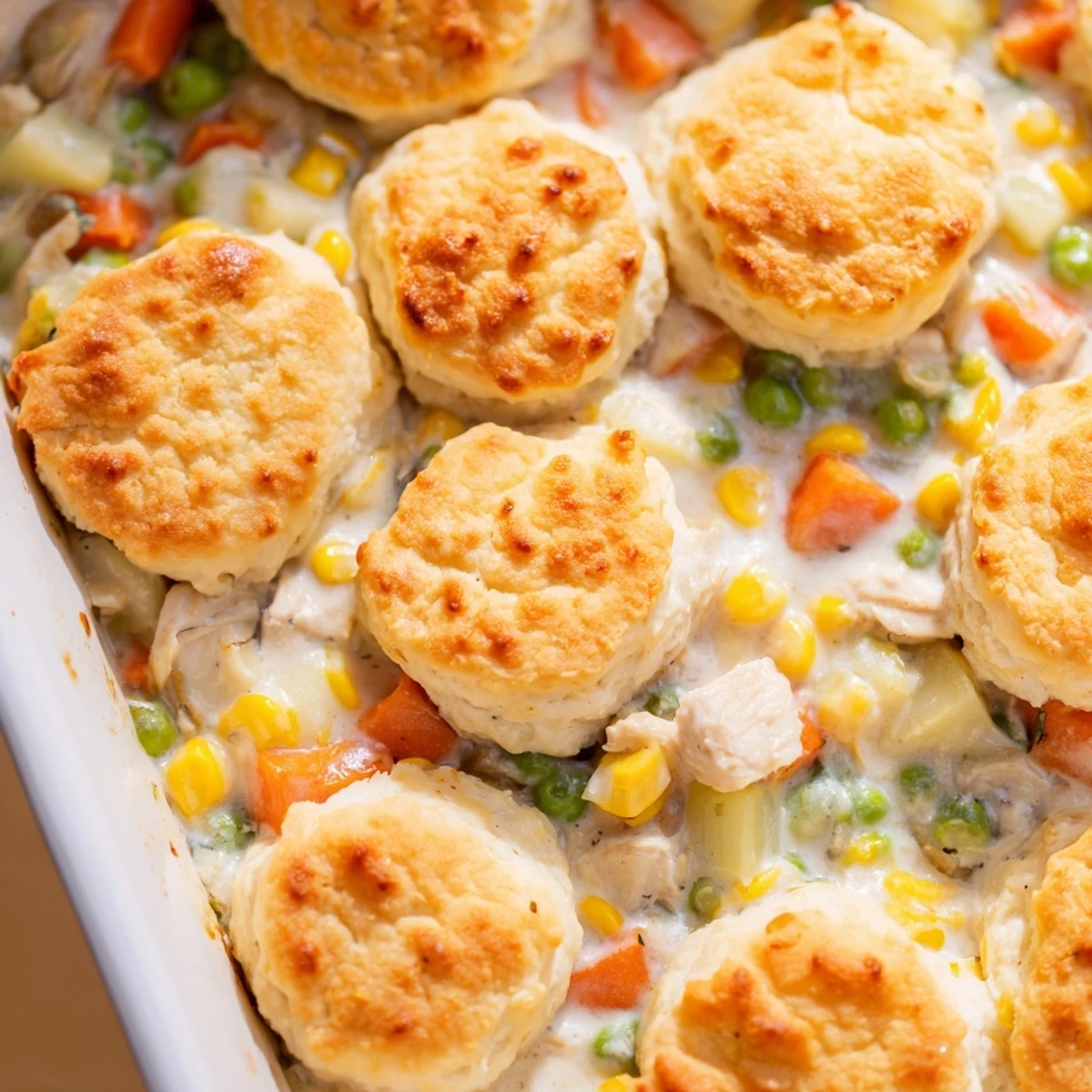 Un plat réconfortant de casserole au poulet et légumes, avec une garniture de biscuits dorés et croustillants, servi en portions savoureuses.