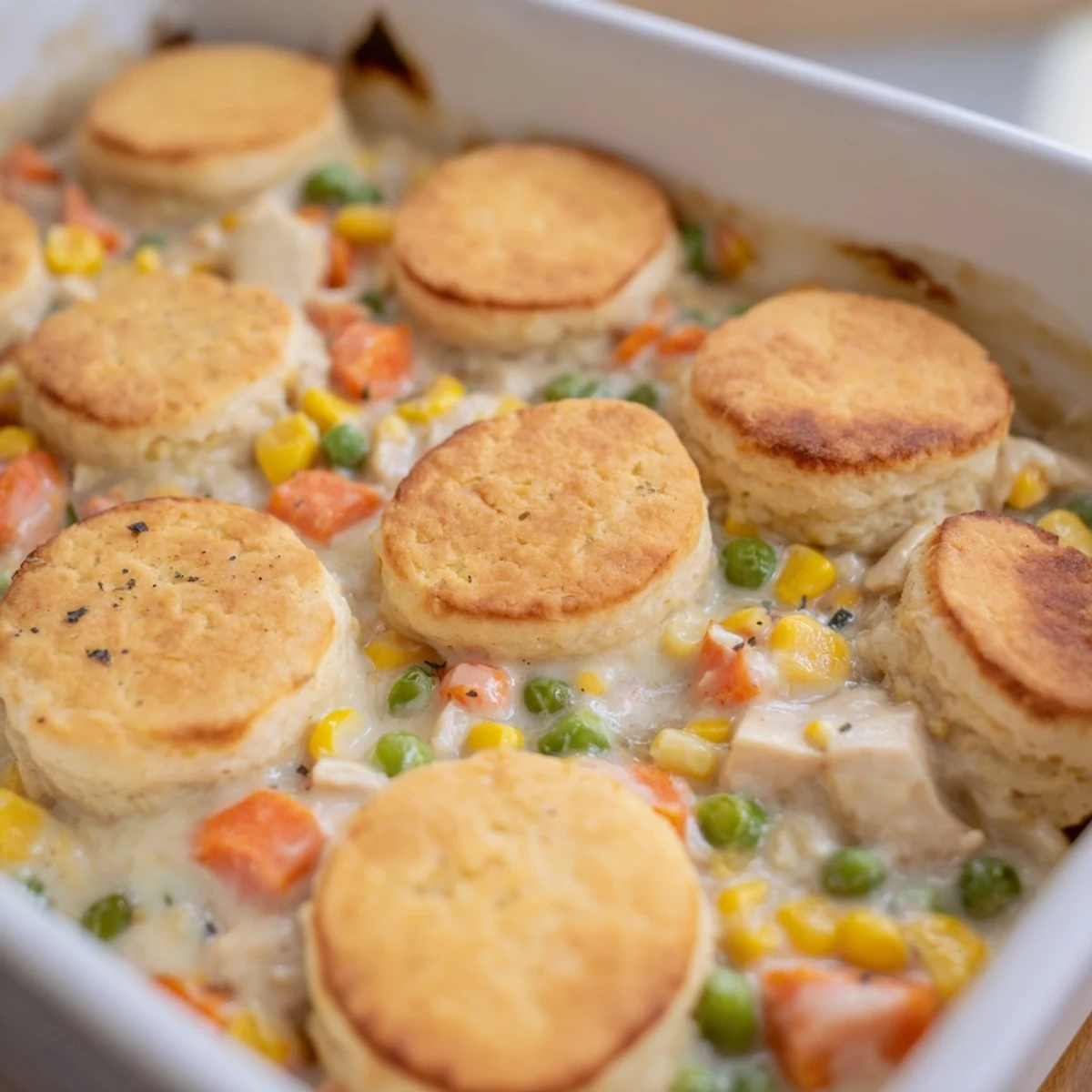 Une casserole au poulet crémeuse garnie de carottes, pois et maïs, avec une garniture de biscuits cuits à point et bien dorés.