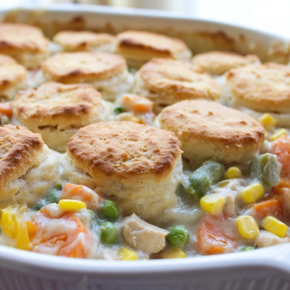 Casserole au poulet avec légumes et garniture de biscuits, présentée dans un plat à gratin pour un repas familial réconfortant.