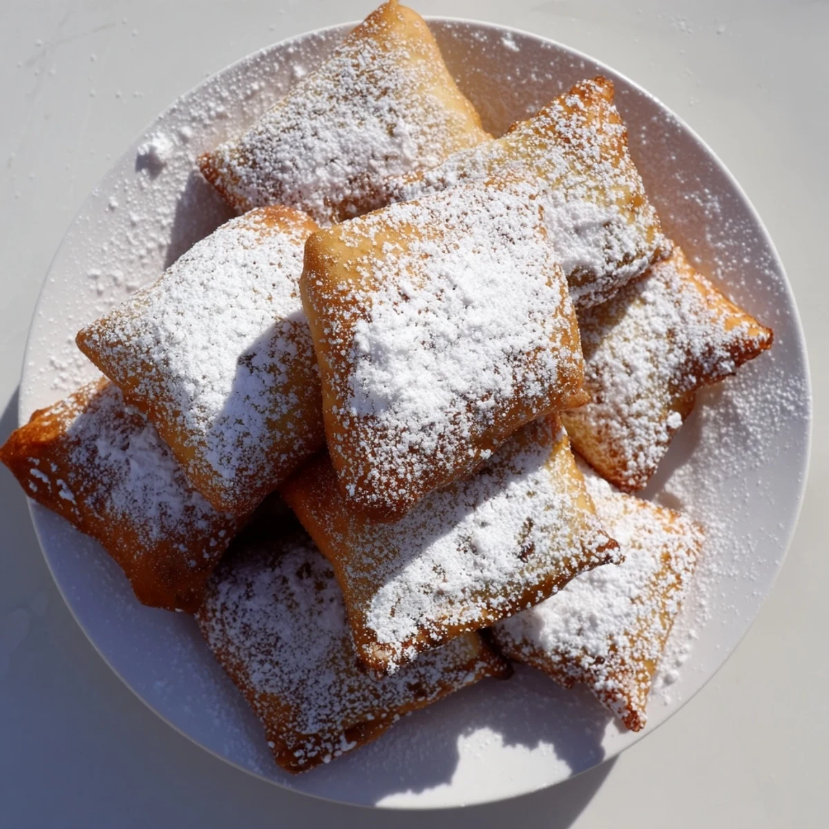 Fried dough squares are coated in powdered sugar, crispy outside and fluffy inside, served warm for a festive Mardi Gras celebration.