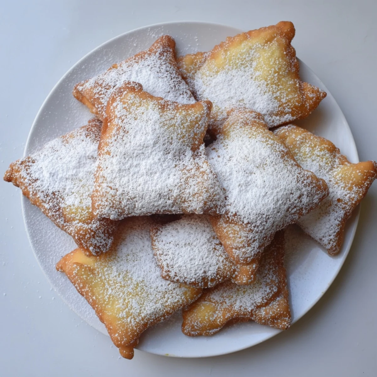 Golden Mardi Gras fried dough pieces dusted with powdered sugar, steaming on a plate with beads in the background for a Carnival feel.