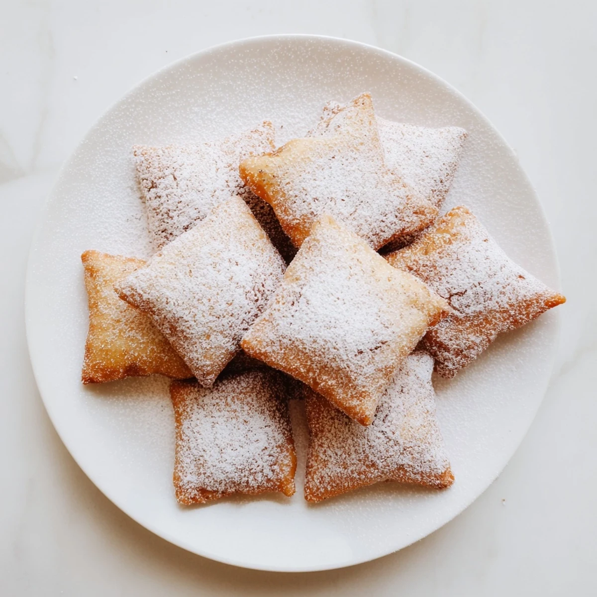 Freshly fried Mardi Gras doughnuts are stacked, powdered sugar melting on ridges, with a small bowl of chocolate sauce on the side.