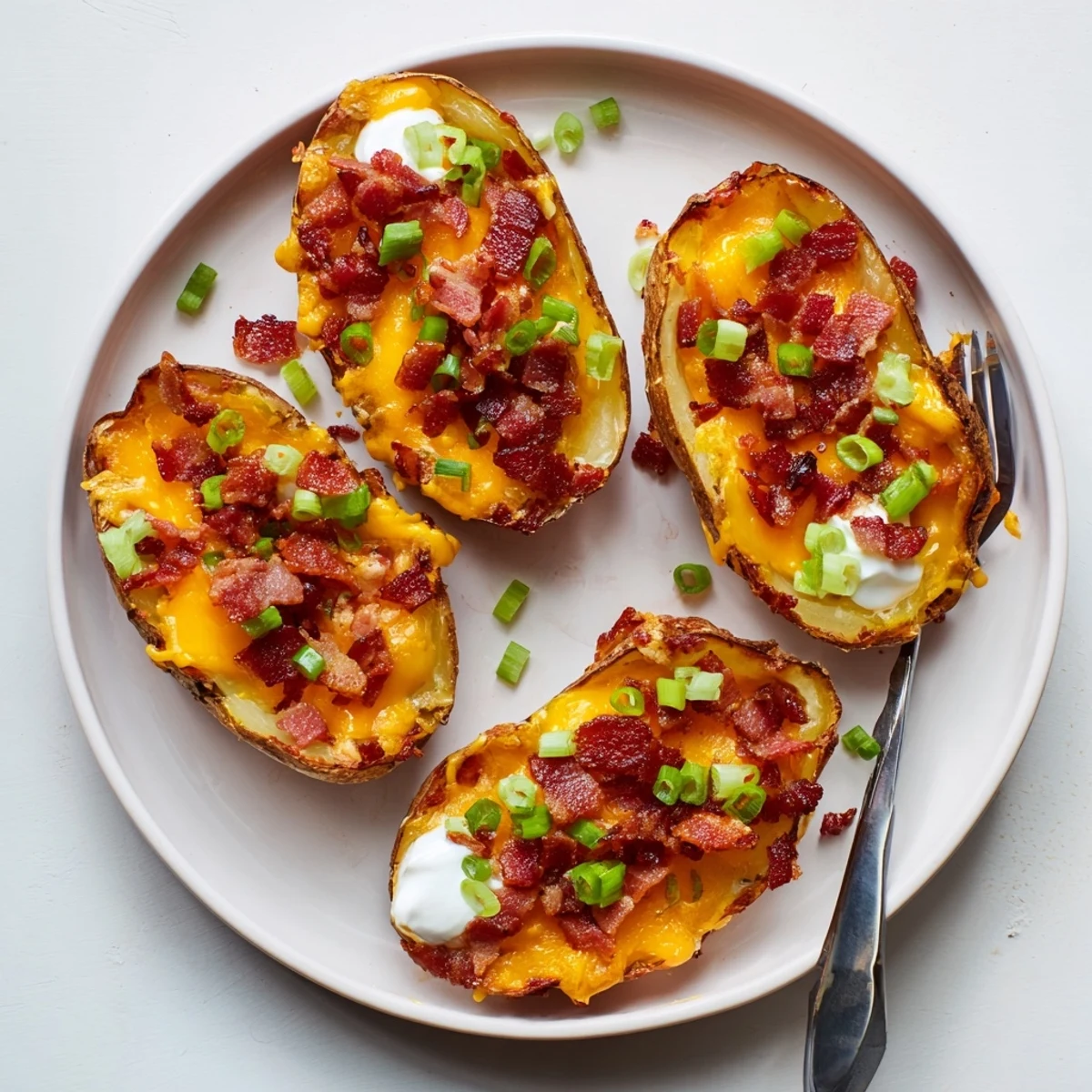 Crispy potato skins filled with gooey cheddar, melted and topped with fresh chives on a serving platter.