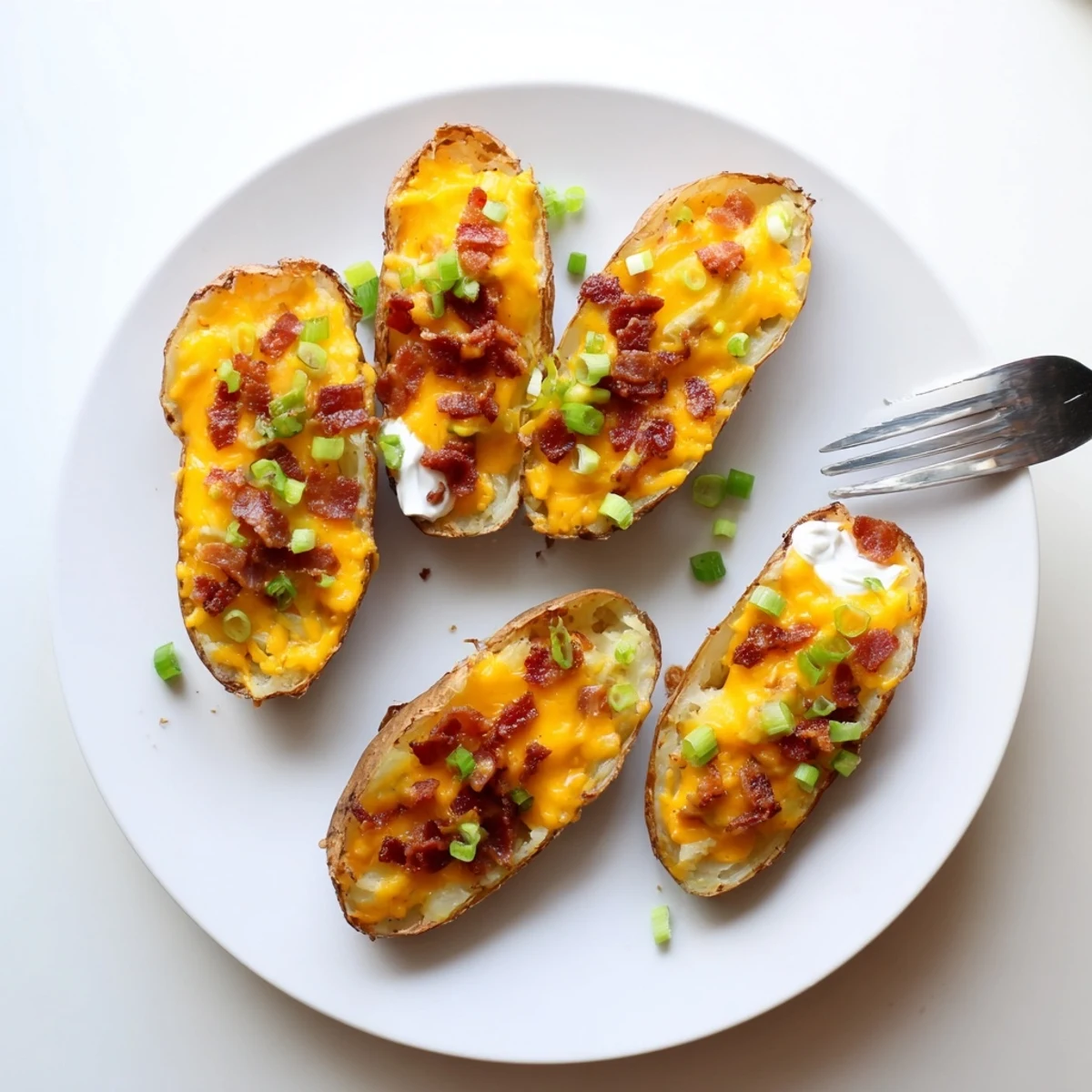 A close-up of golden-baked potato skins with cheese and crispy bacon, served hot with a dollop of sour cream.