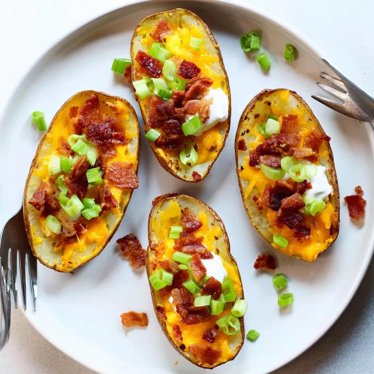 Freshly baked potato skins with melted cheese and chives, ready to serve as a crowd-pleasing appetizer or snack.