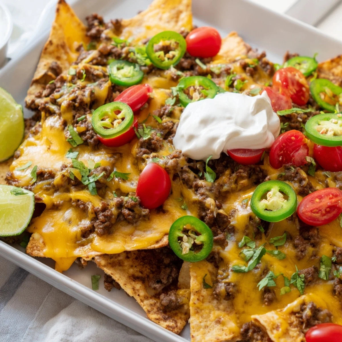 Assiette généreuse de Beef Nachos with Jalapenos and Cheese, servie avec crème aigre, tomates cerises et coriandre fraîche.