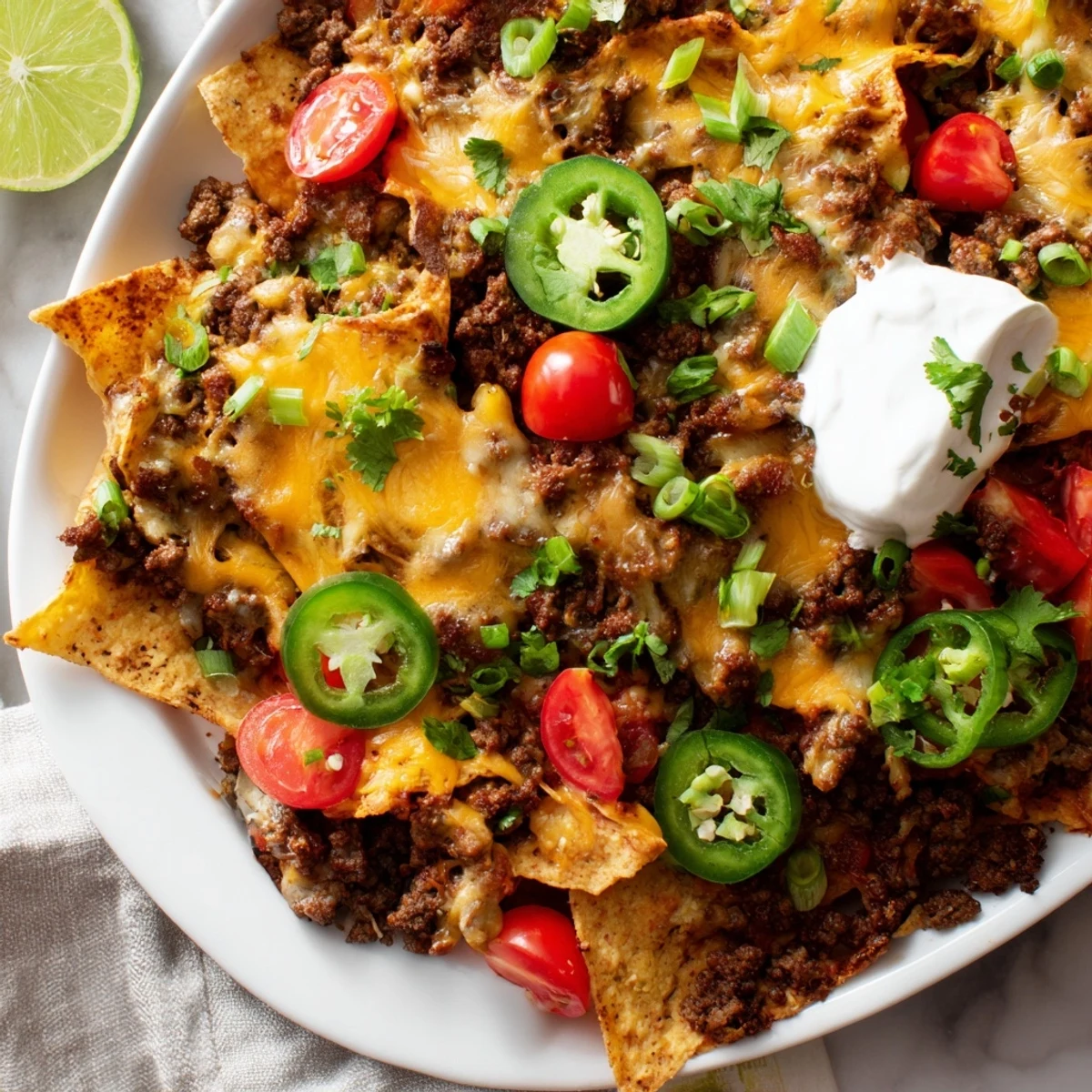 Plan rapproché des Beef Nachos with Jalapenos and Cheese encore fumants, garnis de tranches de jalapenos et d'oignons verts.