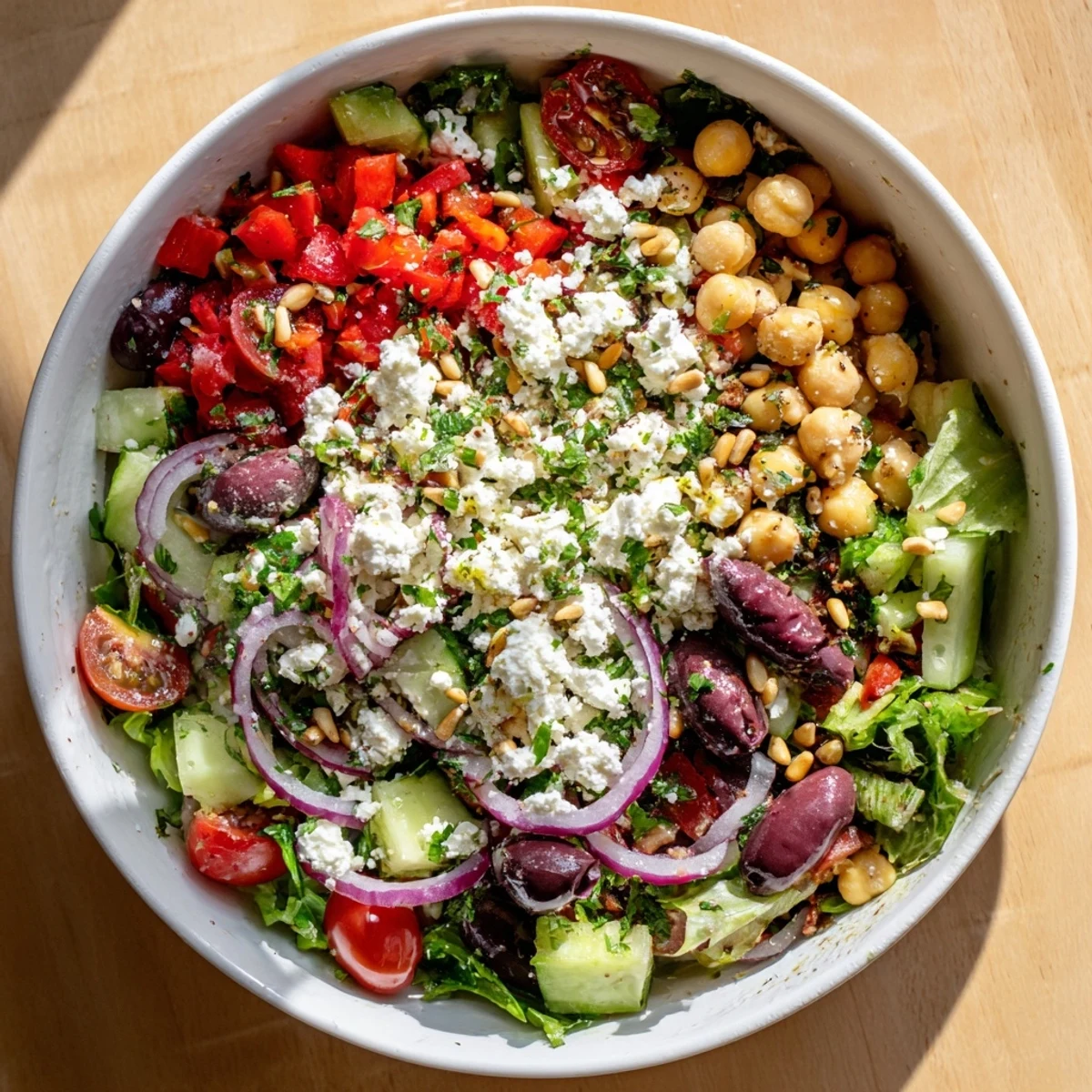 Une composition généreuse de Salade Méditerranée : concombres croquants, oignons rouges vifs et feuilles vertes toutes en couleurs, prête à être savourée.