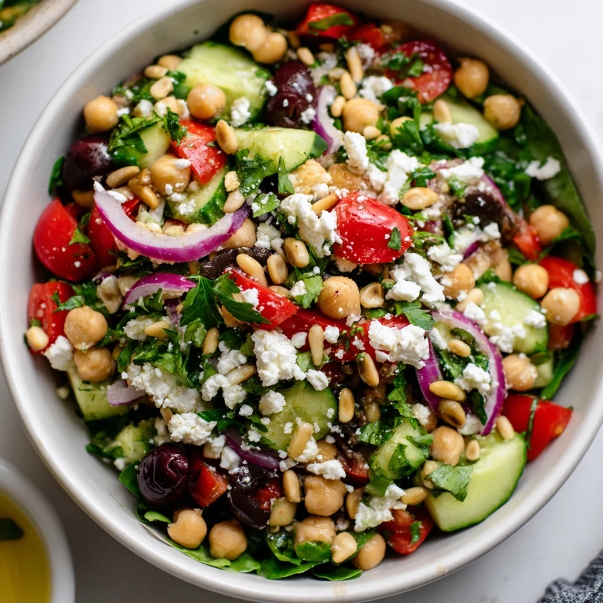 Un bol appétissant de Salade Méditerranée, avec des tomates cerises brillantes, du feta croustillant et des pois chiches pour la satiété.