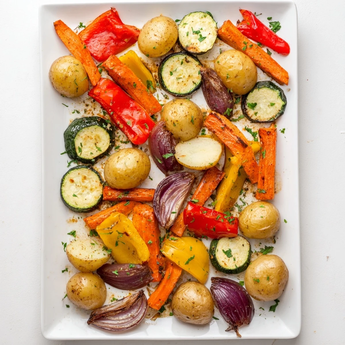 Panneau de rôti coloré avec carottes, poivrons et pommes de terre pour un souper savoureux.