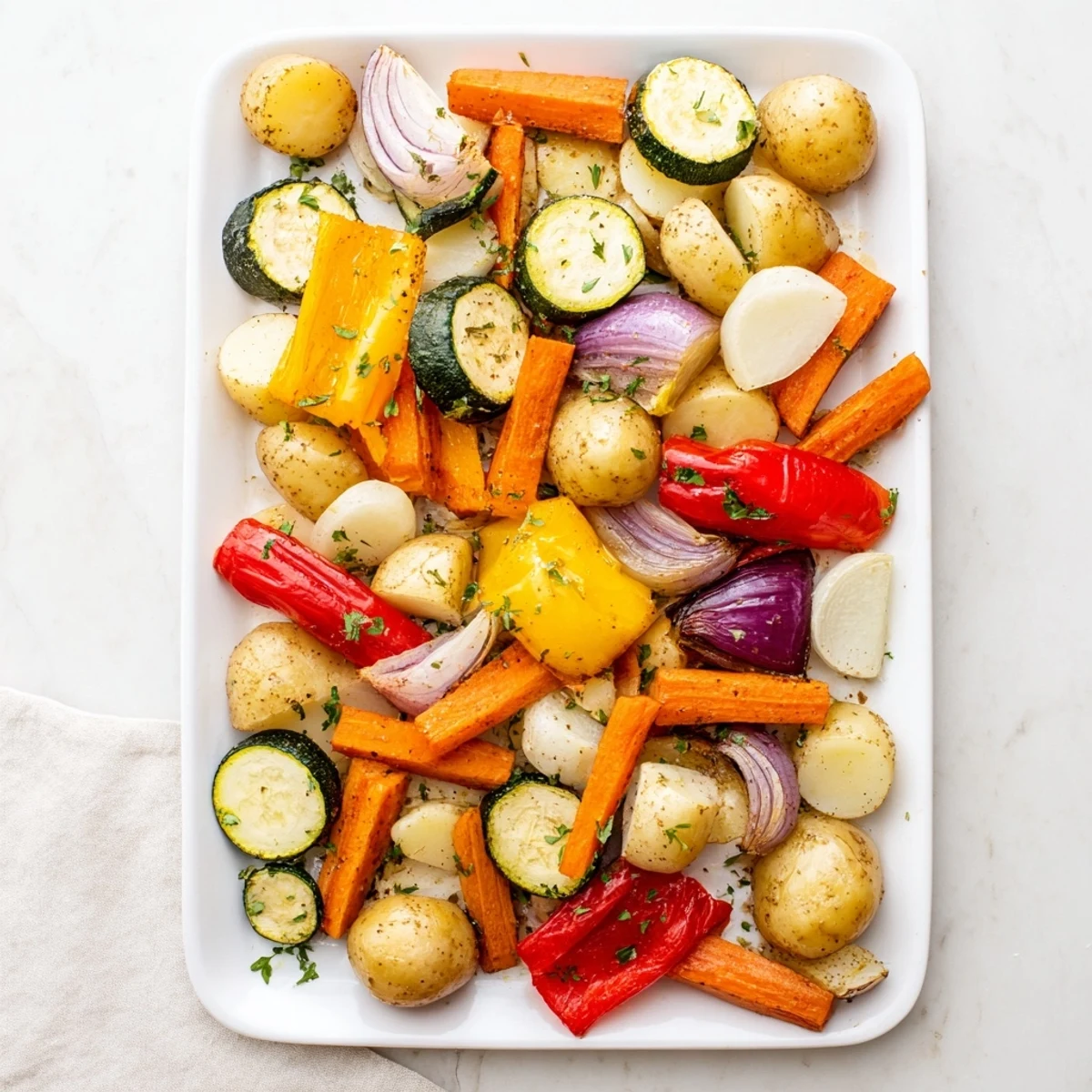 Rôti au four de légumes d'automne sur un plateau, parfumé à l'huile d'olive et aux herbes.