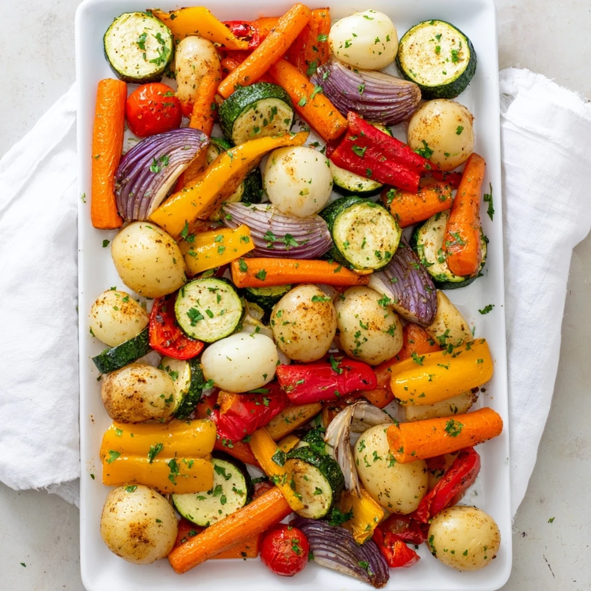 Légumes croquants et caramélisés dans un plat de rôtisserie, prêts à accompagner grains ou pain grillé.