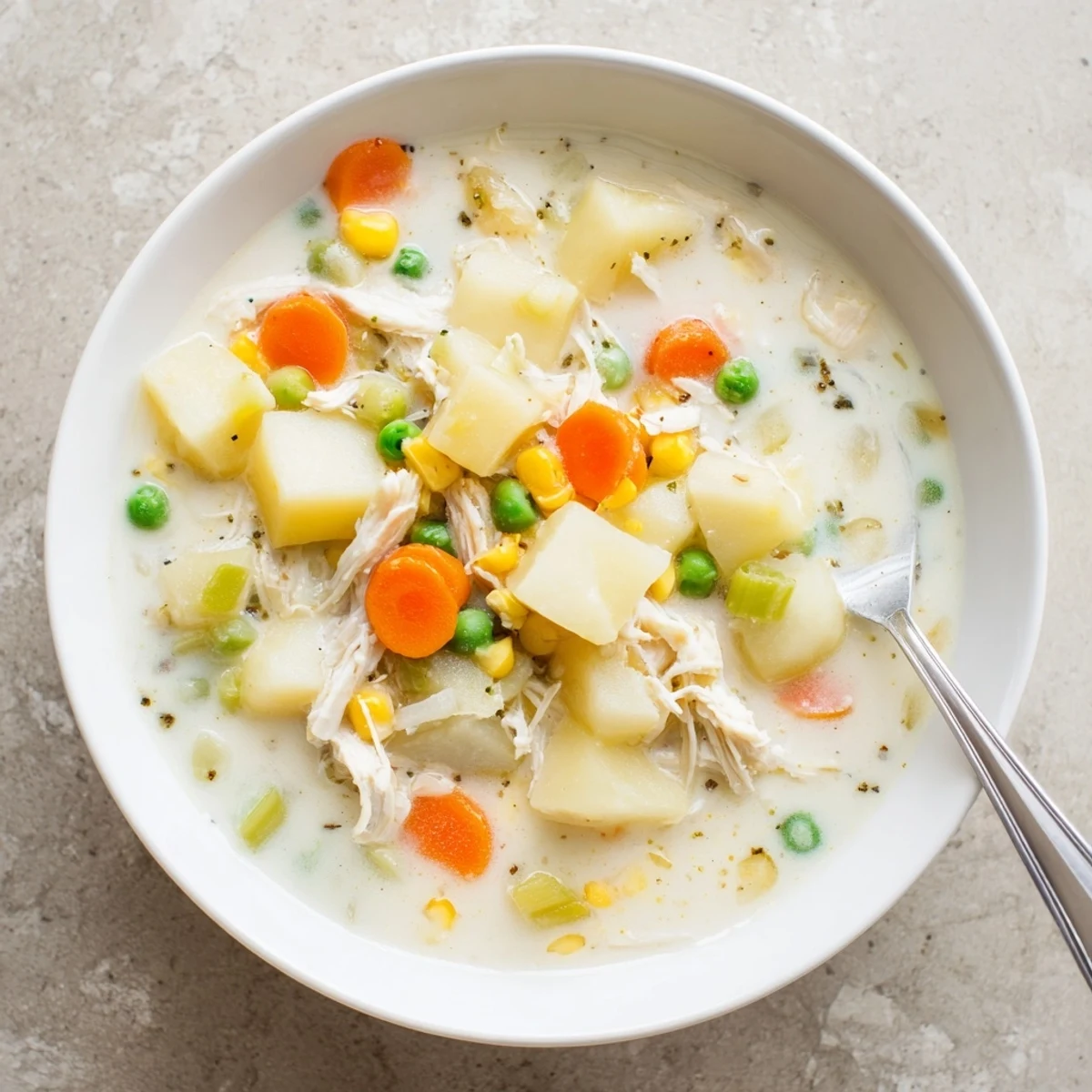 Creamy Supper Soup Pot simmering in a pot with tender chicken, carrots, and peas, ready to be served.