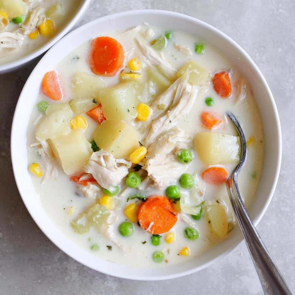 Ladle serving Creamy Supper Soup Pot into a white bowl, showcasing velvety broth and colorful vegetables for dinner.