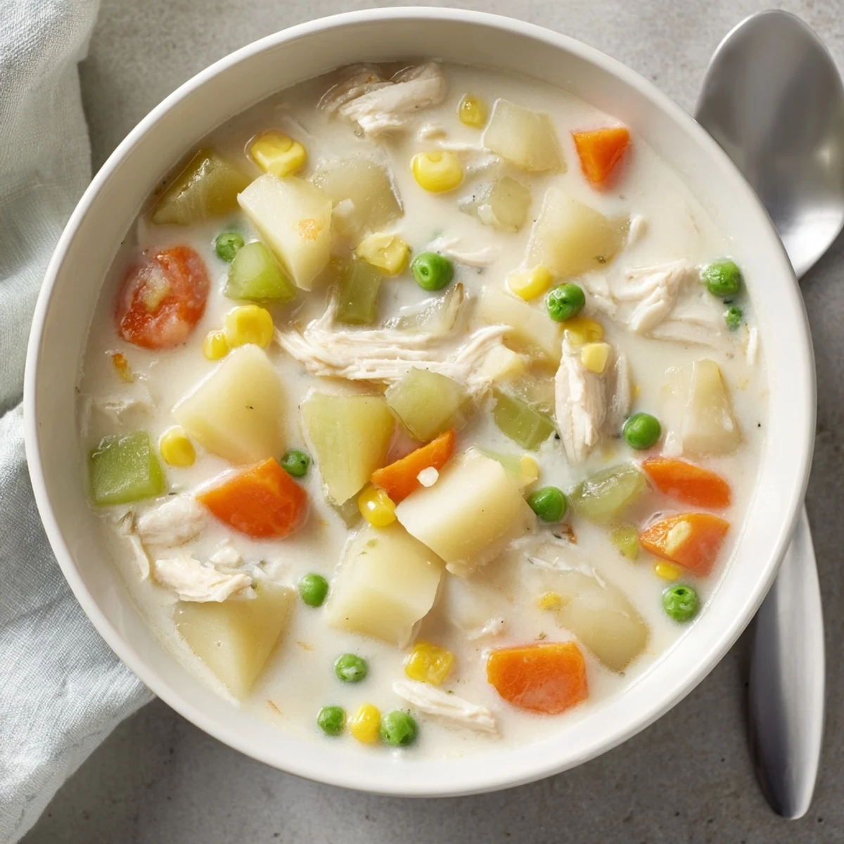 Steaming bowl of Creamy Supper Soup Pot garnished with herbs, featuring corn and potatoes on a cozy table.