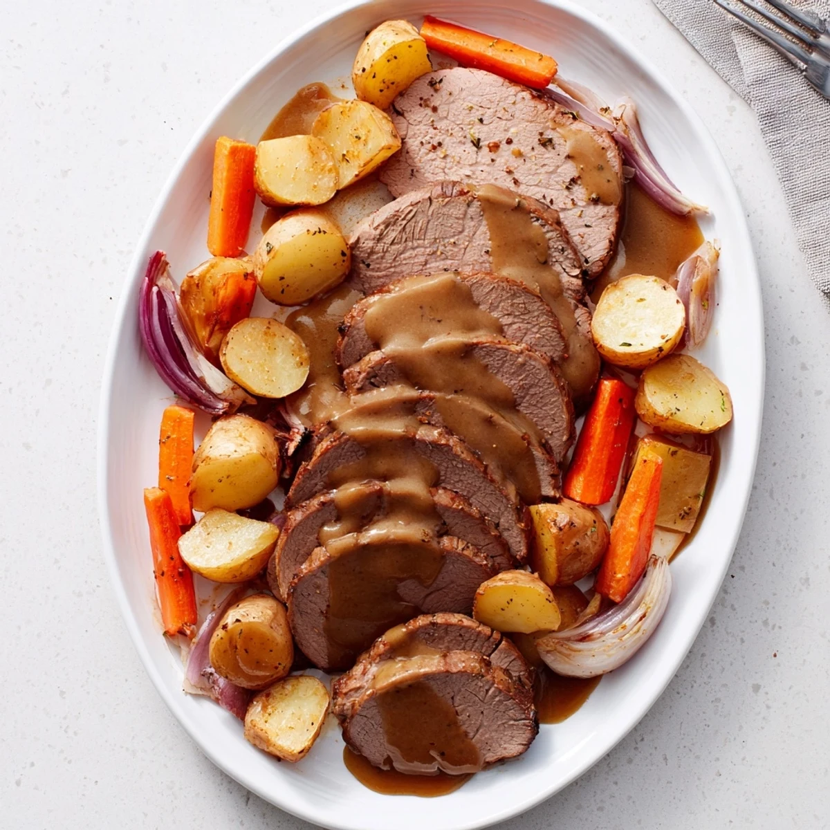Présentation d'un délicieux Beef Supper Roast Dinner servi avec une sauce au poivre noir et un bouquet de légumes de saison.