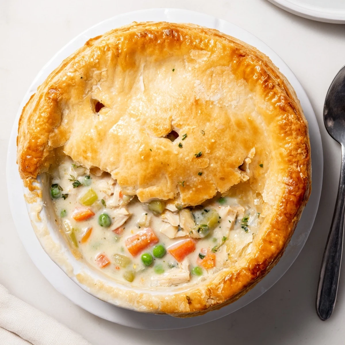 Le Chicken Supper Pie Pot doré, avec sa croûte feuilletée croustillante et sa garniture crémeuse à la volaille.