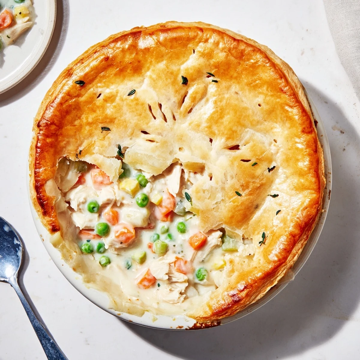 Un Chicken Supper Pie Pot fumant sortant du four, accompagné d'une salade verte pour un dîner familial.