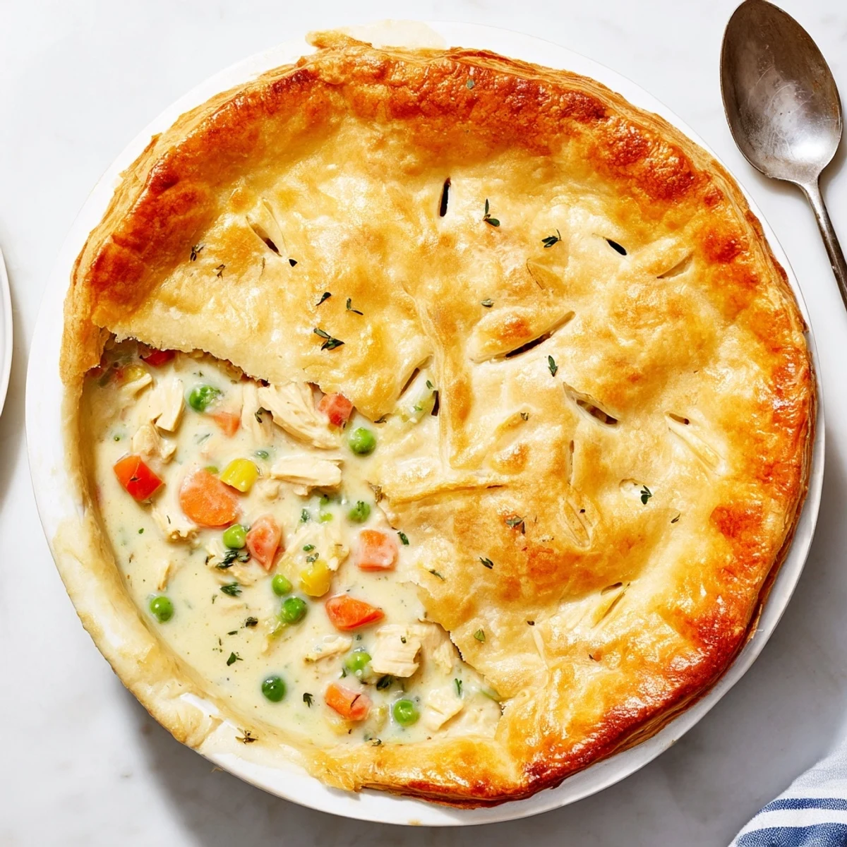 Délicieux Chicken Supper Pie Pot à l'effeuillage facile, révélant une farce riche aux petits pois et carottes.