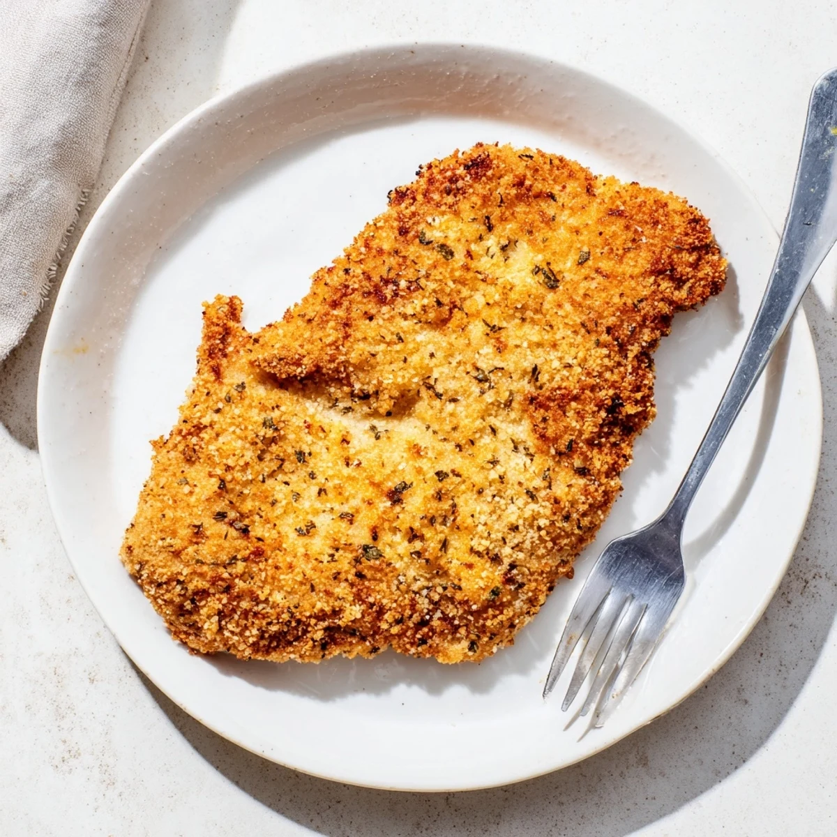 Une coupe croustillante de Côtelette de Poulet Supper dorée, avec une panure au Parmesan et de la chair juteuse à l'intérieur, dressée sur un plat.
