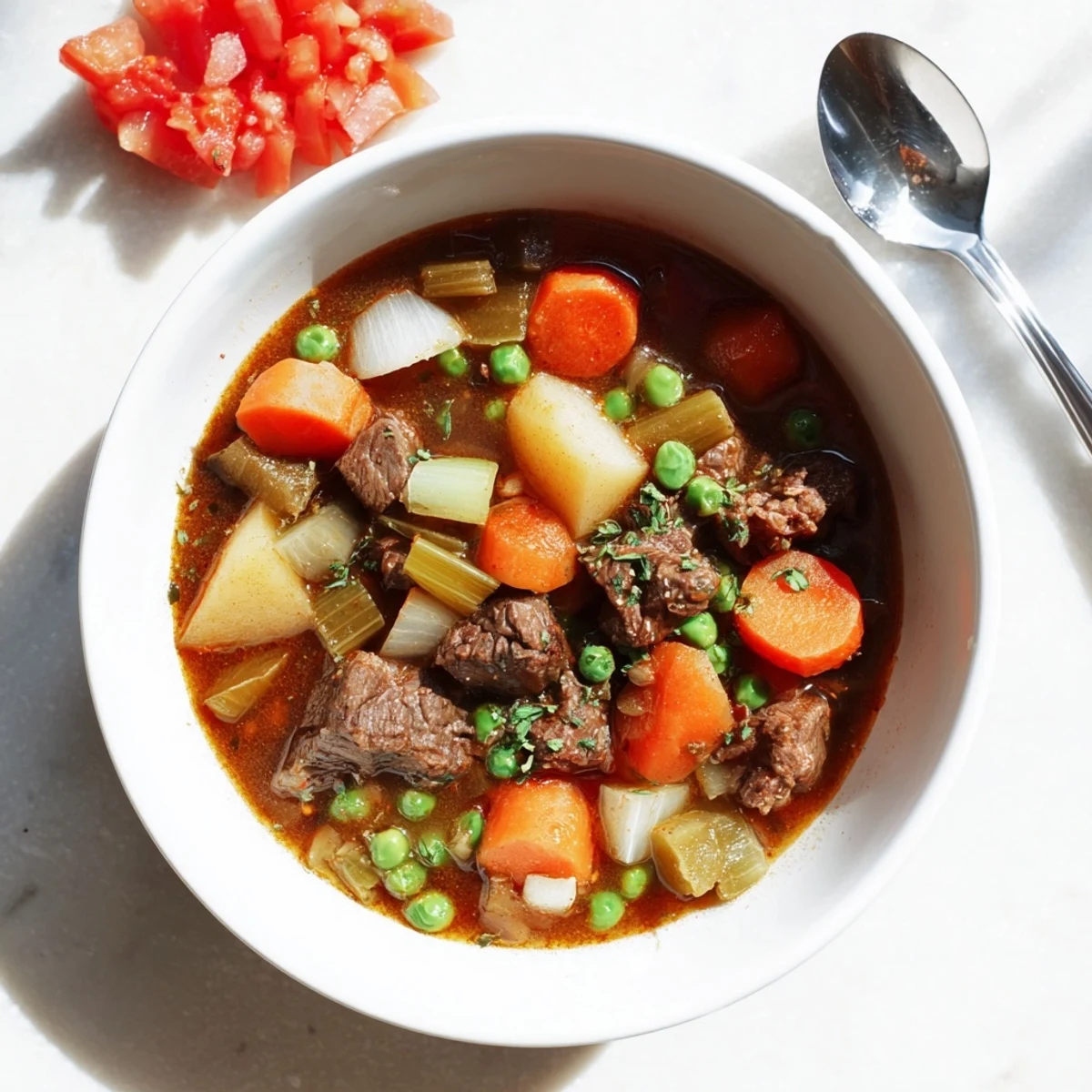 Slow Cooker Supper Stew Pot mijoté, légumes glacés et sauce épaisse servie avec pain croustillant.
