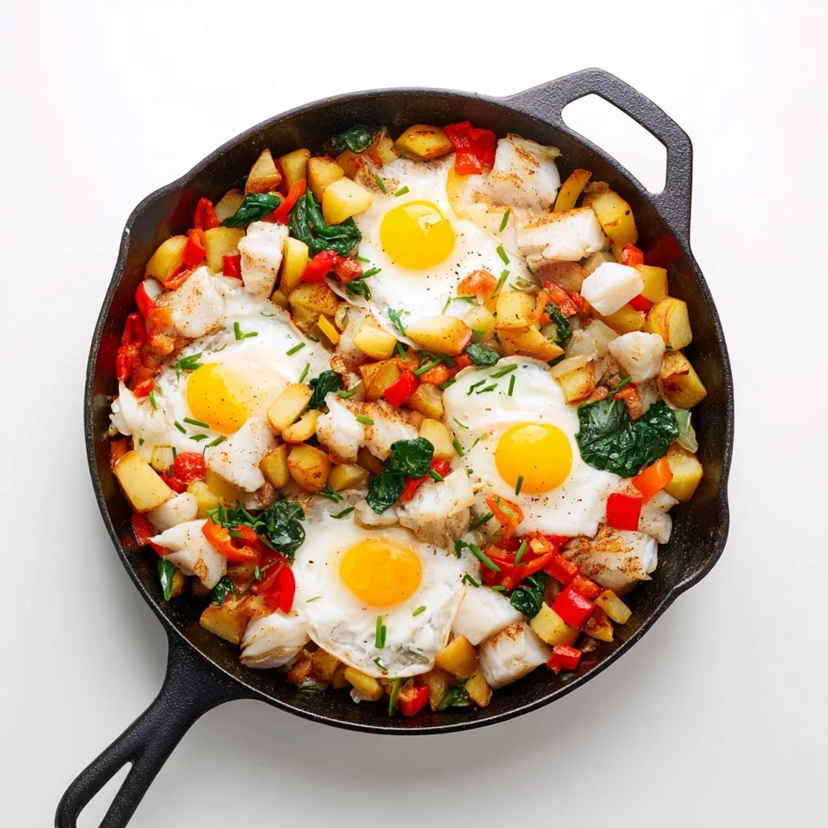 Savory Baked Fish Breakfast Hash topped with golden eggs in a cast iron skillet.