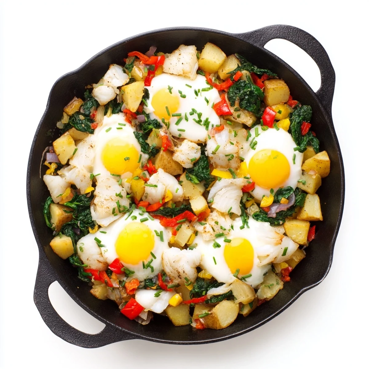 Flaky white fish, roasted potatoes, and sautéed peppers create a colorful morning meal.